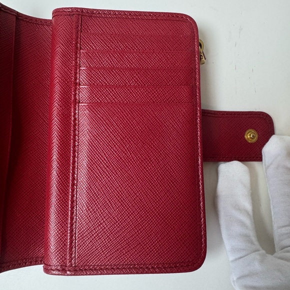 Prada Women’s Red Leather Saffiano Small Bifold Wallet with Gold-Toned Hardware - Picture 10 of 13